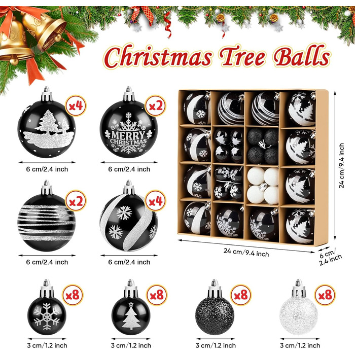 Набір ялинкових прикрас Ilauke, 44 шт. Ялинкові кулі з пластику червоного та білого кольору, 3 та 6 см. Декорації для ялинки на Різдво, для вечірки, дому, весілля. Кольори: червоний, білий (чорний, білий)