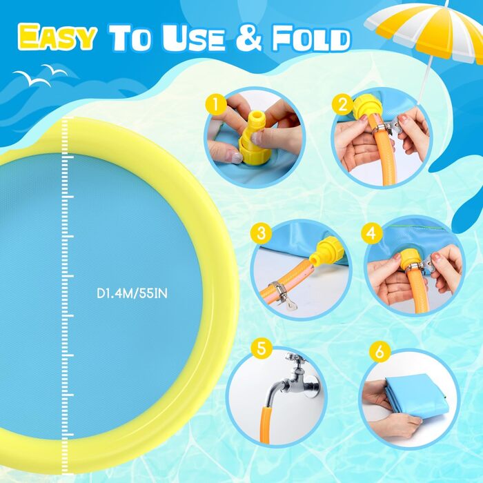 Nobleza Hundepool, D170 cm/67 in Splash Pool for Large & Small Dogs, 0.55mm Thickened Anti-Slip Sprinkler Mat Foldable Splash Pad for Summer, Garden, Outdoors (D1.4m, Yellow & Blue)