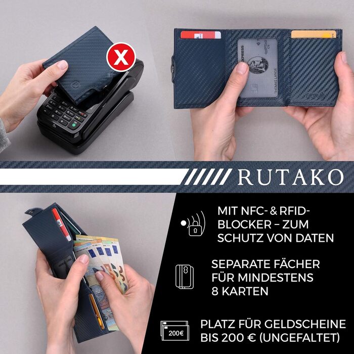 Слім-гаманець RUTAKO з RFID-захистом для чоловіків та жінок, компактний картхолдер з карбону, синій (без монетниці)