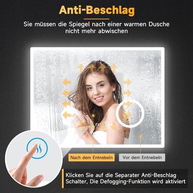 Дзеркало для ванної кімнати SONNI з підсвічуванням 80x60 см, 3 кольори світла, проти запотівання, LED, сенсорна кнопка, годинник, температура, 3-кратне збільшення