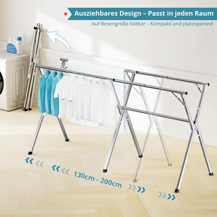 Сушарка для білизни JAUREE 160см, розкладна, з нержавіючої сталі, для дому та вулиці, велика, стабільна, з 20 гачками