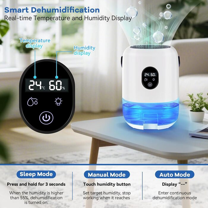 BuzzoXerex Зволожувач повітря 1000 мл, компактний, портативний, з дисплеєм температури та вологості, нічний режим, 7 кольорових підсвіток