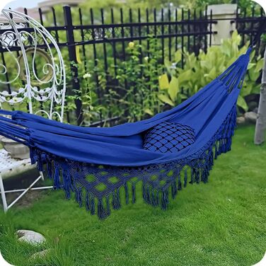 Гамак KRUMAD 260 см, до 250 кг, водостійкий, бавовна-поліестер, для саду, балкону, кемпінгу, з дерев'яними розпірками та сумкою (Синій, 150x200 см)