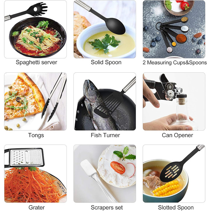 Kitchen Helper Set, 43 Pieces Kitchen Accessories Cooking Utensil Set made of Stainless Steel & Nylon, Heat-Resistant Home Kitchen Cooking Utensils - Spoon, Tongs, Whisk, Spatula, Pasta Server, Ladle, Turner.