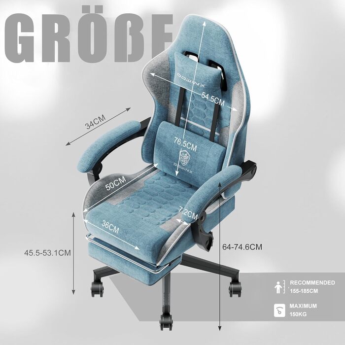 Ігровий крісло Dowinx з підголівником та підставкою для ніг, тканинне, з масажем, ергономічне, для офісу та геймінгу