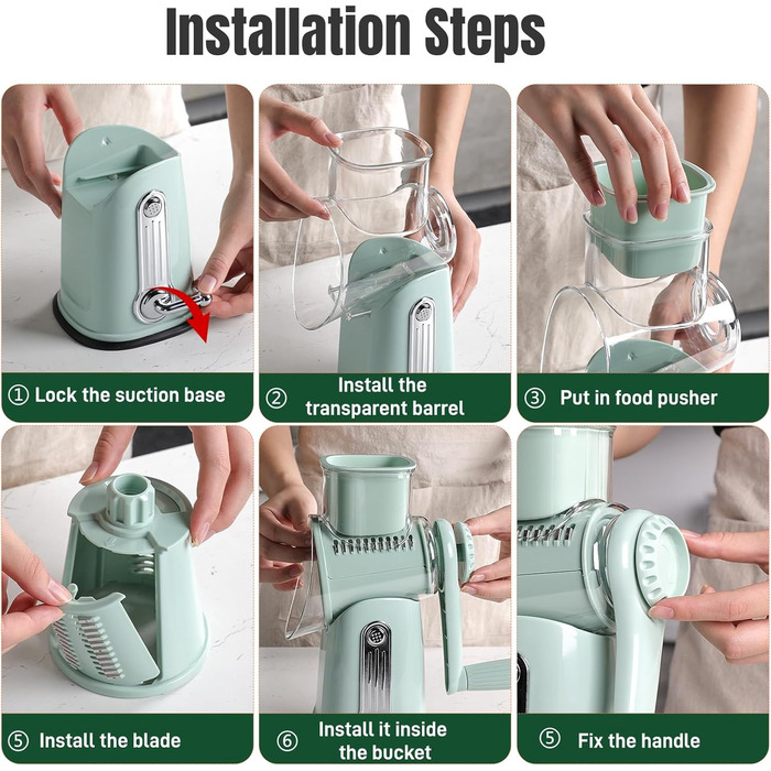 Ручна тертка для сиру та овочів з 5 зміненими лезами з нержавіючої сталі, кругла тертка з ручною рукояткою, харчовий подрібнювач для кухні, зелена коробка для зберігання