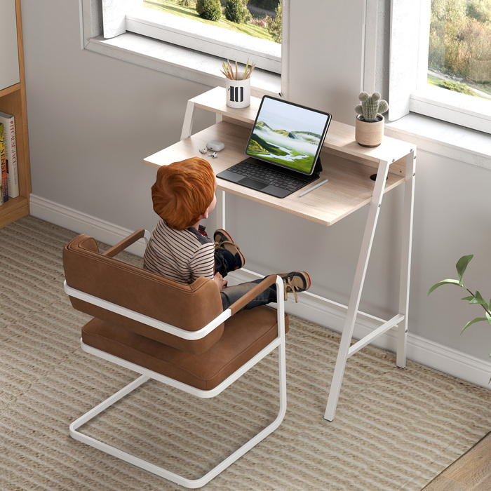 HOMCOM Desk Modern Computer Desk with Storage Shelf & Cable Management Metal Frame White Oak 84x45x85cm for Home Office & Study
