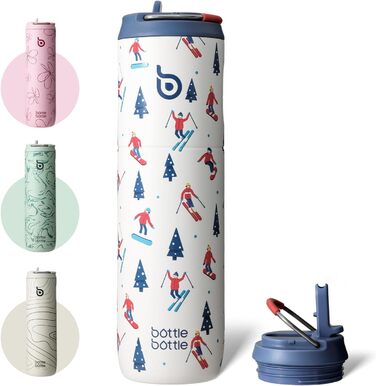 BOTTLE BOTTLE Insulated Stainless Steel Water Bottle 750 ml with Straw, Lid & Handle – Leak-Proof, BPA-Free, Double-Walled – Ideal Water Bottle for Sports, Travel & Fitness (Green) (Skiing)