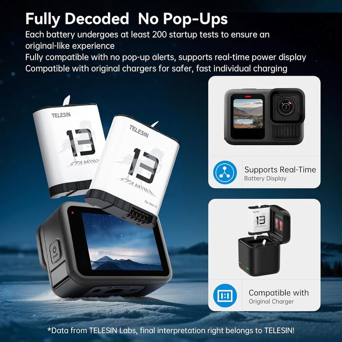 Telesin 2 шт. акумулятори Enduro + зарядний пристрій для GoPro Hero 13 Black. Запасні акумулятори з швидкою зарядкою, сумісні з GoPro 13 Black. Комплект: 2 акумулятори + 1 зарядний пристрій
