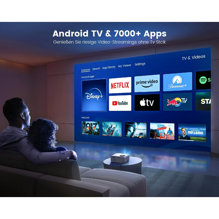 Beamer 25000Lumen 1080P/4K Android TV з автотрапецеїдним виправленням, електричним фокусом, WiFi, Bluetooth, для iPhone/Android/Tablet, білий