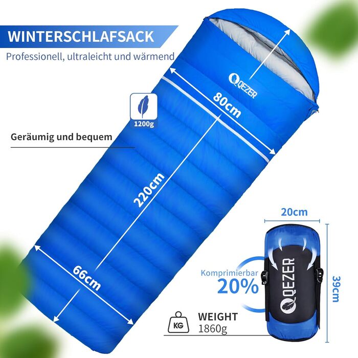 Сплячий мішок пуховий, 4-сезонний, зимовий -3°C до -20°C. Підходить для кемпінгу, походів та відпочинку на природі для дорослих та дітей. Колір: блакитний. Температурний режим: -3°C до -12°C
