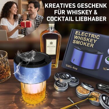 Електричний набір для копчення віскі з 6 дерев'яними чіпсами, перезаряджуваний набір для копчення з вбудованим запальником, без бутану, ідея подарунка для чоловіків, батька, чоловіка або друга, з LED-підсвічуванням, блакитний, EU