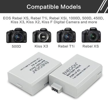 Запасні акумулятори ENEGON (2 шт) та швидке зарядне пристрій Dual для Canon LP-E5 (EOS Rebel XS, T1i, XSi, 1000D, 500D, 450D, Kiss X3, X2, F)