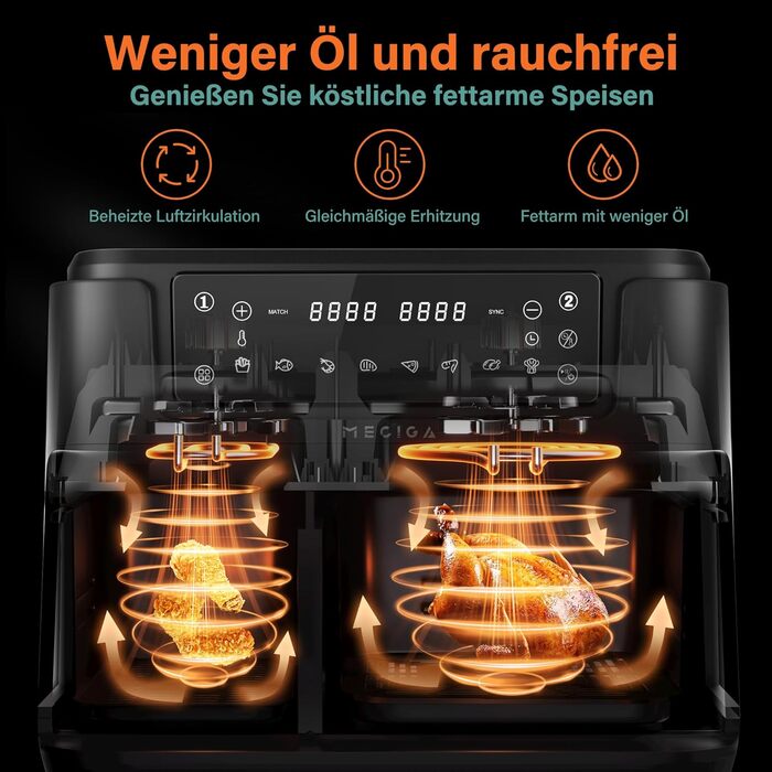 MECIGA Dual Zone Air Fryer, Double Chamber Air Fryer with Viewing Window, Transformable Hot Air Fryer, 12L Large Air Fryer, 2 Drawers, Oil-Free Fryer, Dishwasher Safe, 2400W, Black