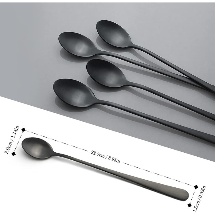 Набір ложок для лате AOOSY, 8 шт., 22.7 см, нержавіюча сталь. Ложки для кави, коктейлів, десертів та морозива. Сріблясті та чорні ложки.
