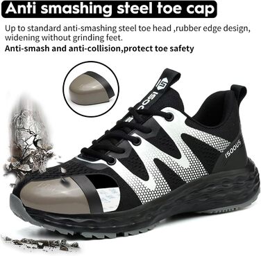 Черевики робочі ISOOUS для чоловіків та жінок. Безпекові черевики з металевим капом, антиковзаючі, дихаючі, спортивного стилю (37 EU, Чорний)