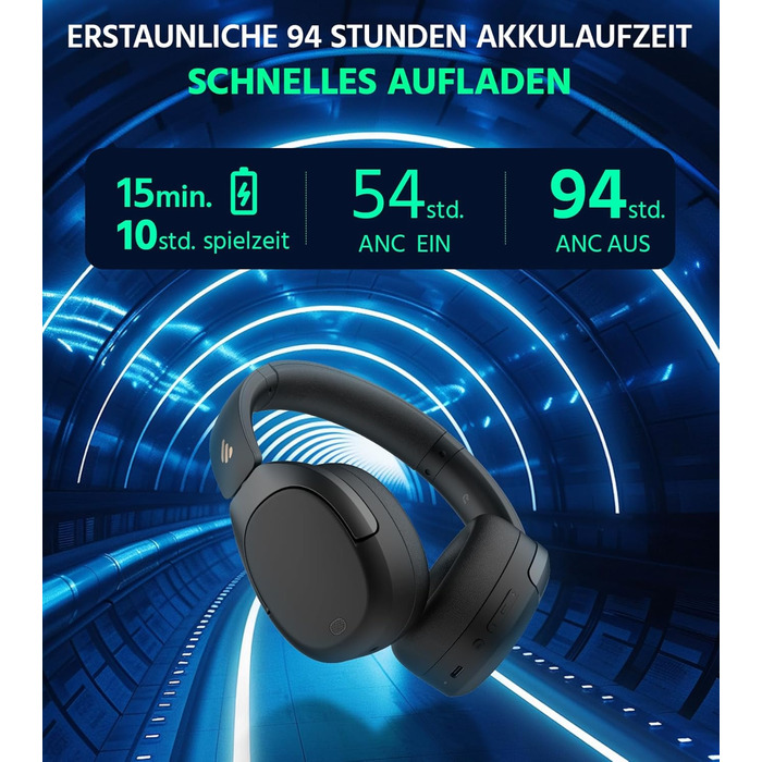 Edifier W830NB Бездротові навушники Over-Ear з ANC -45dB, 94 год. акумулятора, LDAC Hi-Res звук, Spatial Audio, швидка зарядка, Bluetooth V5.4 - Чорний