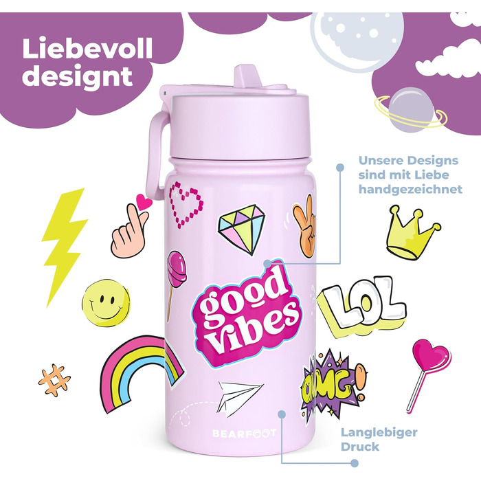 Дитяча термопляшка Bearfoot з нержавіючої сталі з трубочкою, 400 мл, без BPA, не протікає, для дівчаток та хлопчиків, ідеальна для школи та дитячого садка (фіолетовий колір, з наклейками)