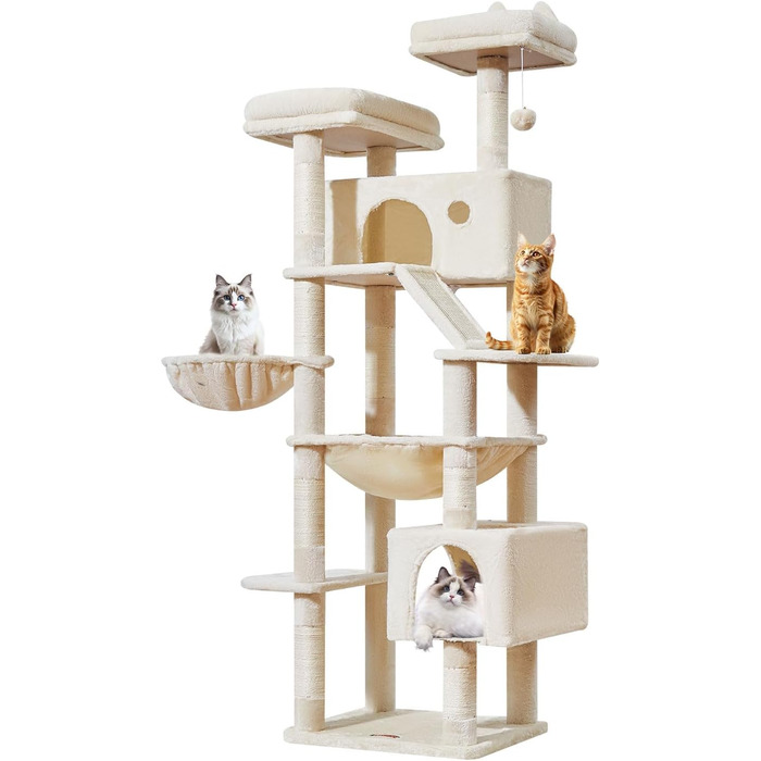 Дерев'яний кігтеточки Taoqimiao MS026W (Бежевий, 180 см) з 2 будиночками, гамаком та 8 кігтеточками