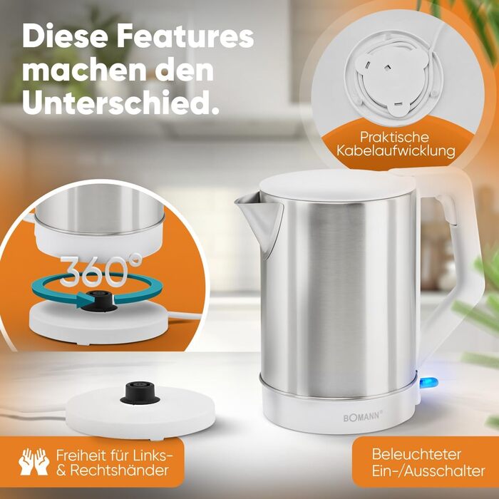 Електричний чайник Bomann WKS 3002 CB: нержавіюча сталь, 1,5 л, BPA free, зручне управління, білий