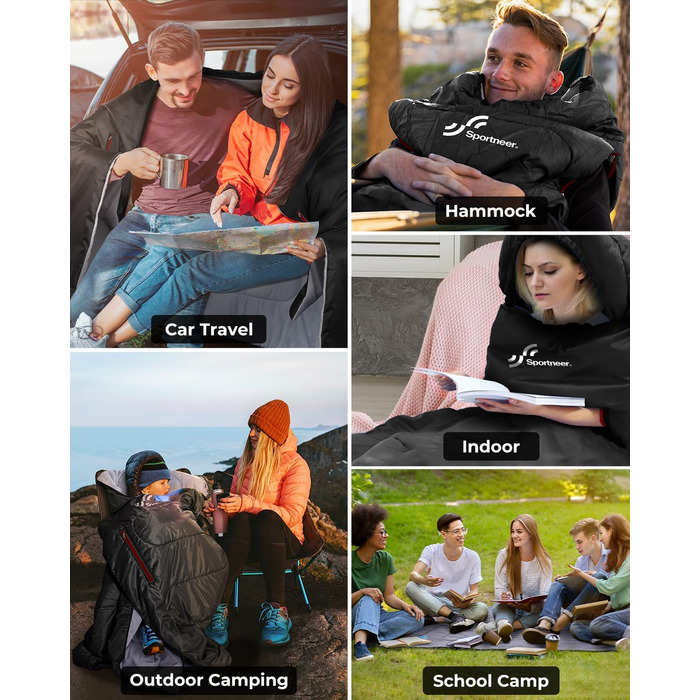 Сплячий мішок Sportneer Outdoor - ковдровий спальний мішок 3-4 сезони для дорослих, теплий, для кемпінгу, подорожей та активного відпочинку, 220x85 см, чорний