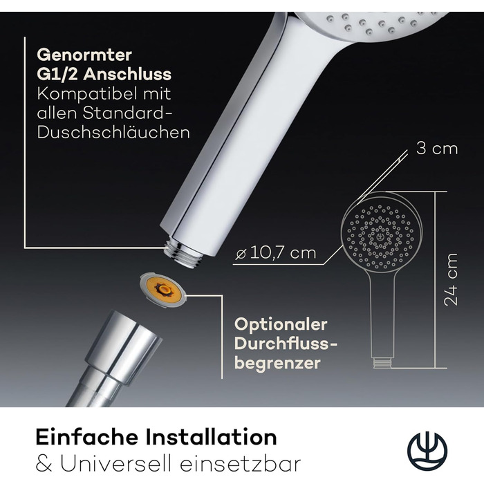 KLUDI-X1 Universal Shower Head with Hose, optional shower spray, water-saving with 3 spray patterns (Body, Hair, Skin), easy-to-clean shower head Ø 10.7 cm, shower hose 1.60 m (Chrome, 1 spray pattern)