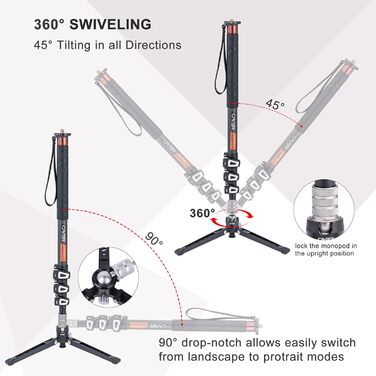 Штатив монопод Cayer з вуглецевого волокна, 172.7 см, телескопічний, для DSLR та відеокамер