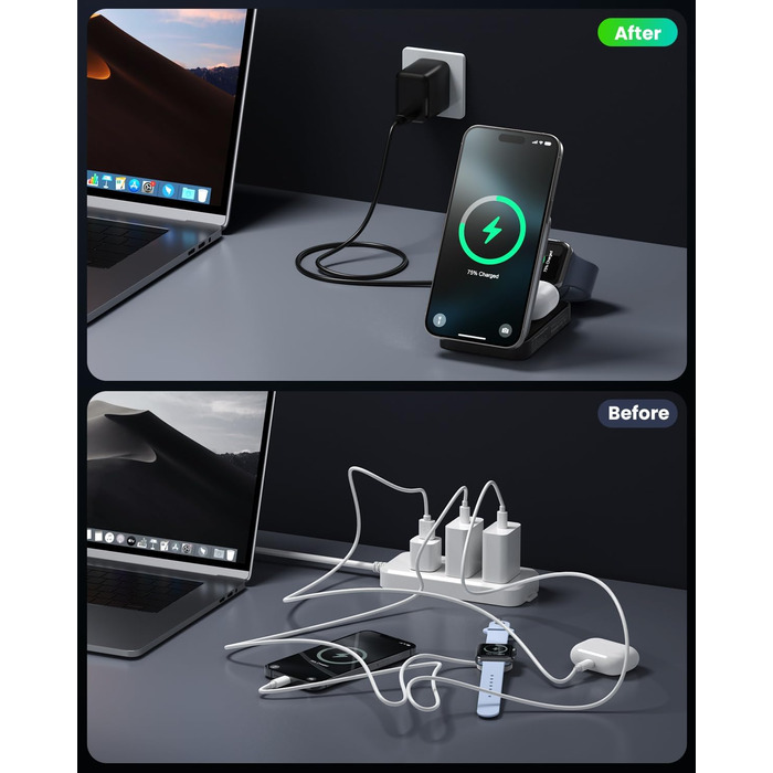 Багатофункціональна бездротова зарядка 3 в 1 з MagSafe для iPhone та Apple Watch, AirPods (білий/чорний)