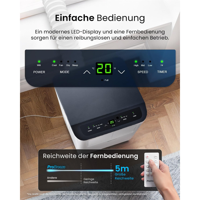 Мобільний кондиціонер Pro Breeze™ 4-в-1: охолоджувач, вентилятор, осушувач повітря, нічний режим, клас енергоефективності A, комплект ущільнювача для вікна, пульт дистанційного керування та таймер 24 години, білий (12000 BTU, Smart App)