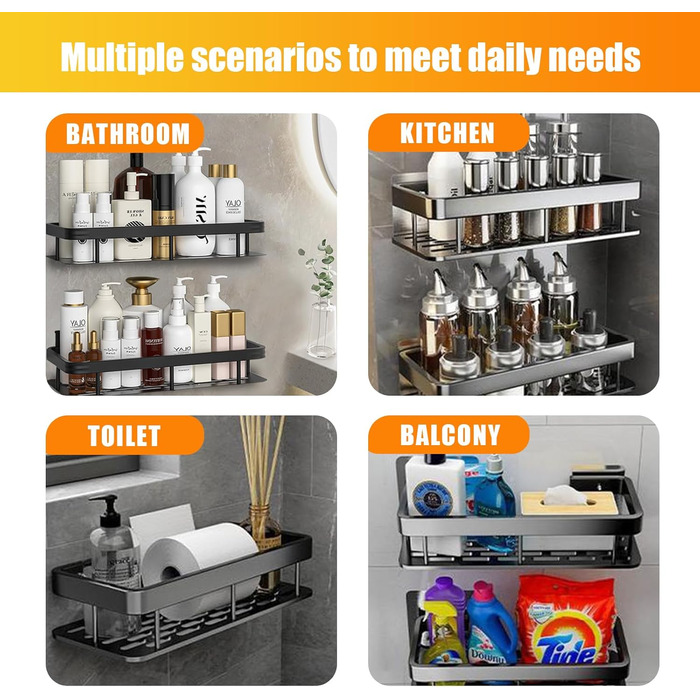 Поличка для душу без свердління, алюміній, 2 шт. Водостійка поличка для ванної кімнати, органайзер для шампуню, аксесуарів, 30,5×13×5,5 см (A Срібло)