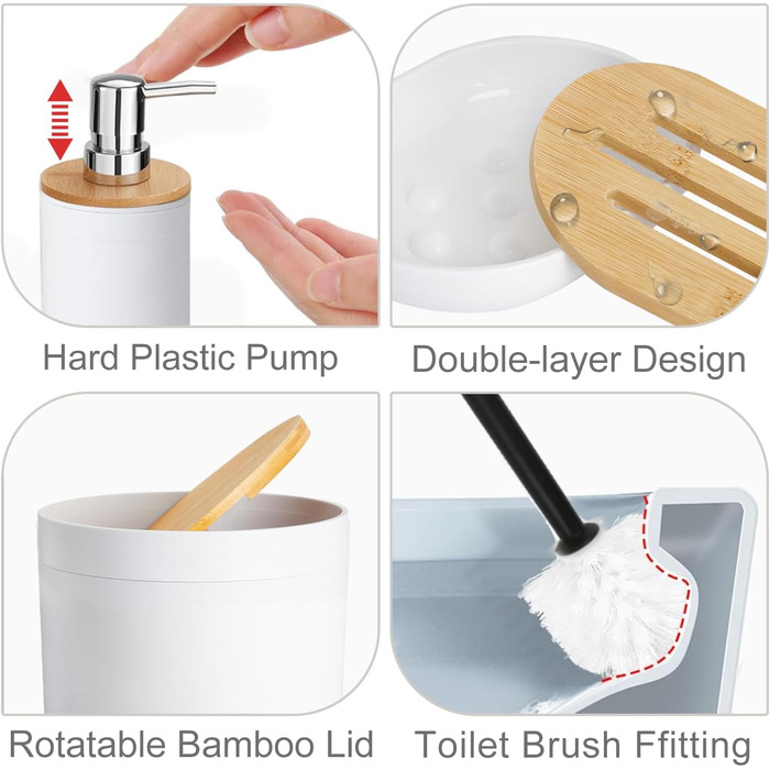 CERBIOR Набір аксесуарів для ванної кімнати з бамбука, 6 предметів: мильниця, тримач для зубних щіток, стакан для ополіскування, дозатор для лосьйону, флакон, сміттєвий контейнер, щітка для унітазу, білий
