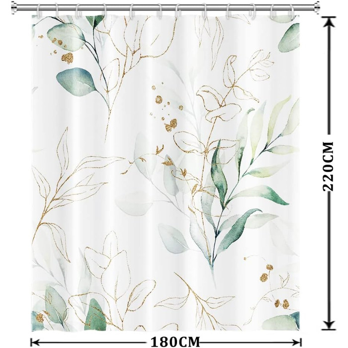 Штора для душу 180x220 см, Евкаліпт, зелені листя, анти-грибок, акварель, рослини, водонепроникна, поліестер, з гачками для ванної кімнати