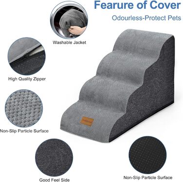 Сходинки для собак: широкі, 4 сходинки, 50 см, для маленьких собак, з високощільним пінопластом, знімний чохол, неслизьке дно, 51x72x41 см