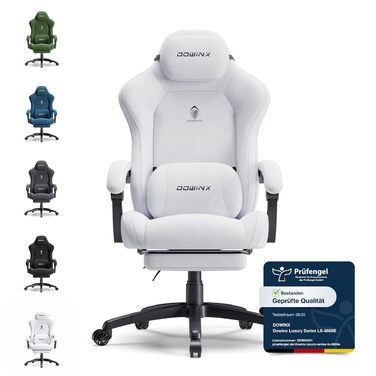 Ігровий крісло Dowinx з кишеньковим пружинним блоком, ергономічне крісло геймера зі шкіри з підголівником та підніжкою, комп'ютерне крісло для офісу та ігор (Білий, Титан)
