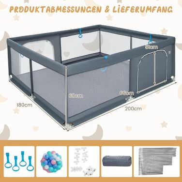 DREAMADE Playpen Baby, 200 x 180cm Playard with 50 Balls & 4 Grips & Carry Bag, Foldable Crawling Gate with Breathable Mesh, for Baby & Toddlers 0-36 Months (Dark Grey)