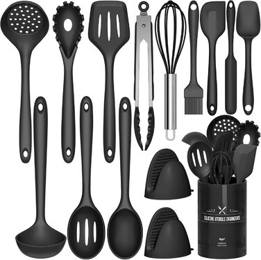 Набір кухонних аксесуарів Terlulu: 15 предметів з силікону, стійкий до нагріву, антипригарний, для посуду, з підставкою, чорний