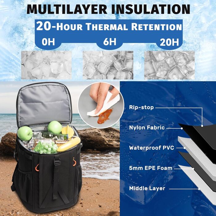 Рюкзак-холодильник HP Hope 35L, водонепроникний, ізольований, чорно-помаранчевий. Ідеально для пікніків, відпочинку на природі, кемпінгу та подорожей. Об'єм: 35 літрів, вміщує до 48 банок.