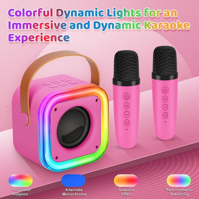 Караоке машина Spinosaurus для дітей з 2 мікрофонами, Bluetooth, LED-підсвічування, портативна колонка (рожева)