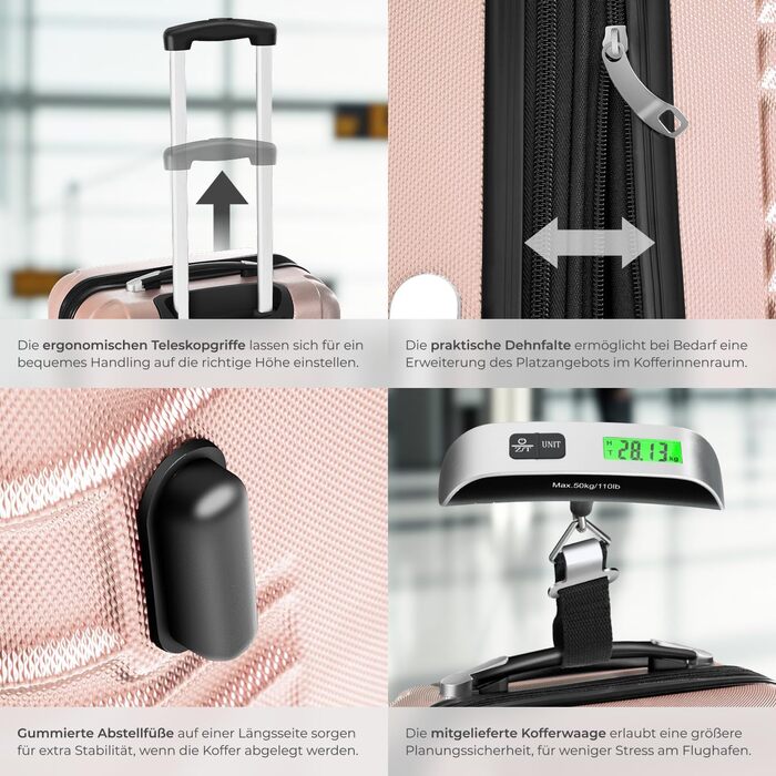 Набір валіз Tectake® 4 шт. з ABS-пластику, рожевого кольору, з колесами, телескопічним ручками та замками, включає ваговою та аксесуарами для валіз (S-M-L-XL)