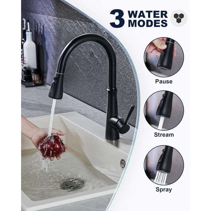 Кран кухонний iVIGA висувний з душем, водоспад, 360° поворот, мікшер, 3 режими, брашований нікель