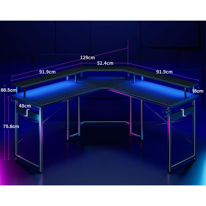 Ігровий стіл ODK з LED-підсвіткою, 2 розетками та 2 USB, кутовий комп'ютерний стіл з великою полицею для монітора, чорний