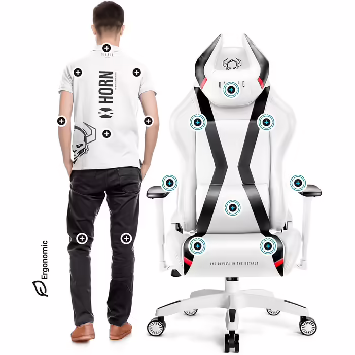 Ігрове крісло Diablo X-Horn 2.0 King (XL), біле, ергономічне, 3D підлокітники, офісне, з подушками для шиї та попереку, екошкіра, гойдалка