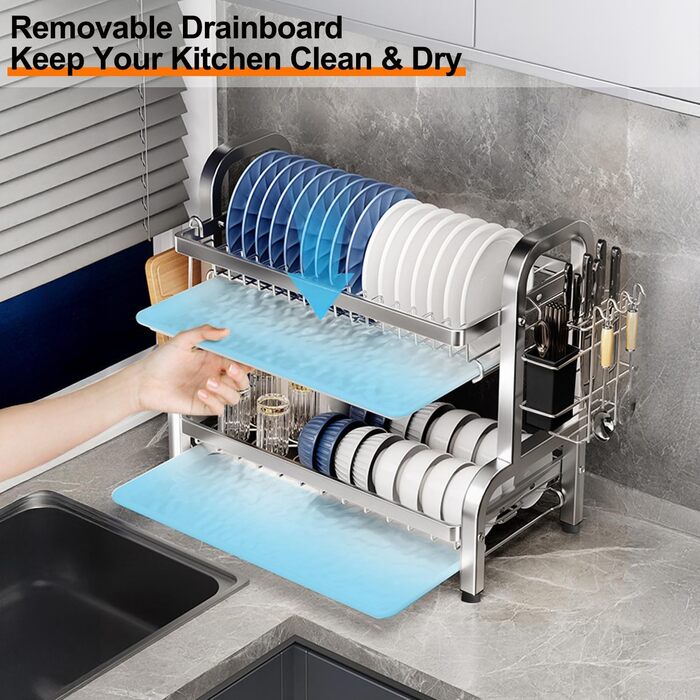 Сушарка для посуду Devesanter 2 яруси, 42 см, багатофункціональна, з піддоном, для ножів та обробної дошки (срібна)