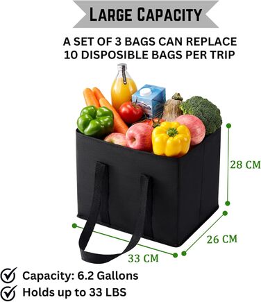 23.5 Liter Large Shopping Bag Foldable, Folding Boxes with Reinforced Bottom, Reusable Shopping Bags, Holds Up To 15 kg Shopping Bag (Black, 3-Pack)