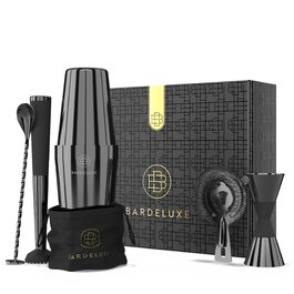 Набір для коктейлів BarDeluxe® Boston 5 предметів: шейкер 750 мл, аксесуари для бармена, подарунковий набір з сумкою та рецептами (чорний)