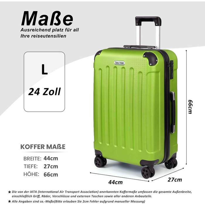 Чемодан ручної об'єм TANTOI, валіза на колесах, жорсткий корпус, кодовий замок, телескопічна ручка, для подорожей та ділових поїздок (зелений, L)