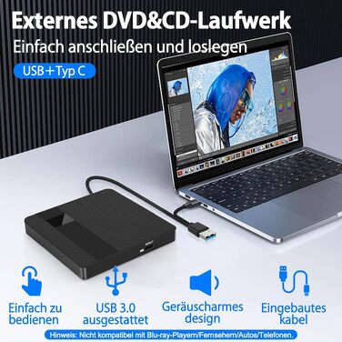 Зовнішній USB 3.0 Type-C CD/DVD привід-записувач (DVD +/-RW), портативний для ноутбука, ПК та Mac (Windows, Linux, macOS), чорний