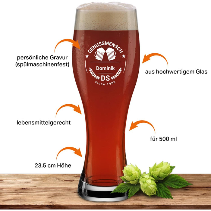 Склянка для пива з іменем або побажанням, 0,5л, з гравіюванням, індивідуальний подарунок, персоналізована склянка для пшеничного пива (Finest Beer)