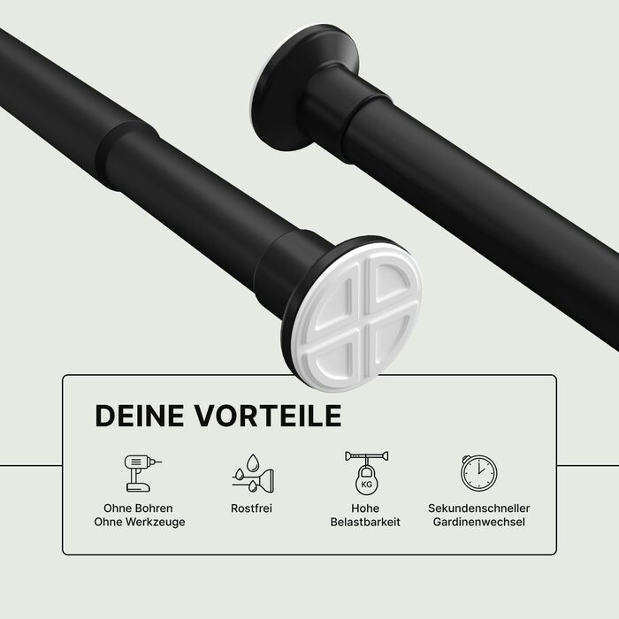 Штанга для штор без свердління, Ø 25 мм - телескопічна штанга для штор, душової стійки, кріплення для вікон, перегородок та кухні (70-120 см) (90-160 см), матовий чорний