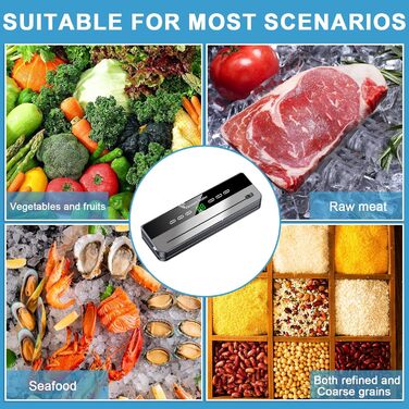 Вакуумний пакувальник харчових продуктів 5-в-1 з 10 пакетами 20x30 см, 65Kpa, знімний прилад для запаювання фольги, LED-дисплей та різак для сухих та вологих продуктів (сірий)